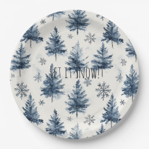 Blue White Christmas Trees Snowflakes Paper Plate
