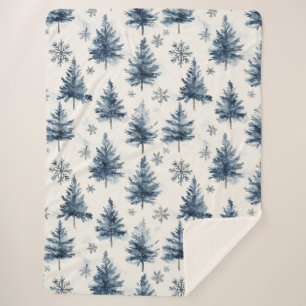 Blue White Christmas Trees Snowflakes Sherpa Blanket