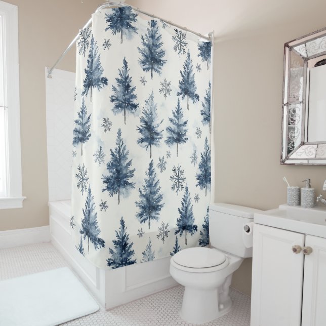 Blue White Christmas Trees Snowflakes Shower Curtain (In Situ)