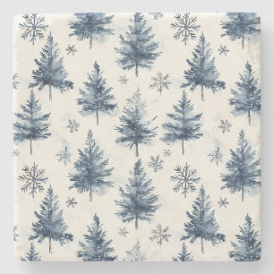 Blue White Christmas Trees Snowflakes Stone Coaster