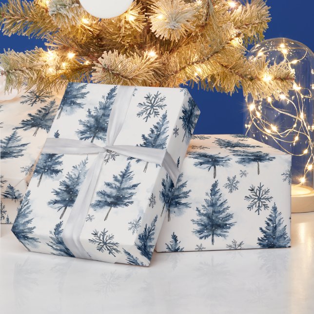 Blue White Christmas Trees Snowflakes Wrapping Paper (Holidays)