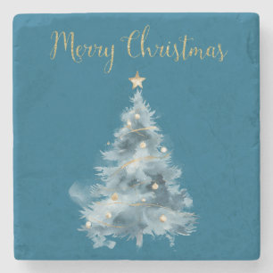 Blue White Christmas Trees Stone Coaster