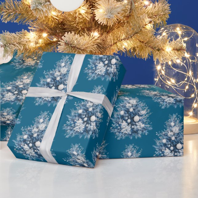 Blue White Christmas Trees Wrapping Paper (Holidays)