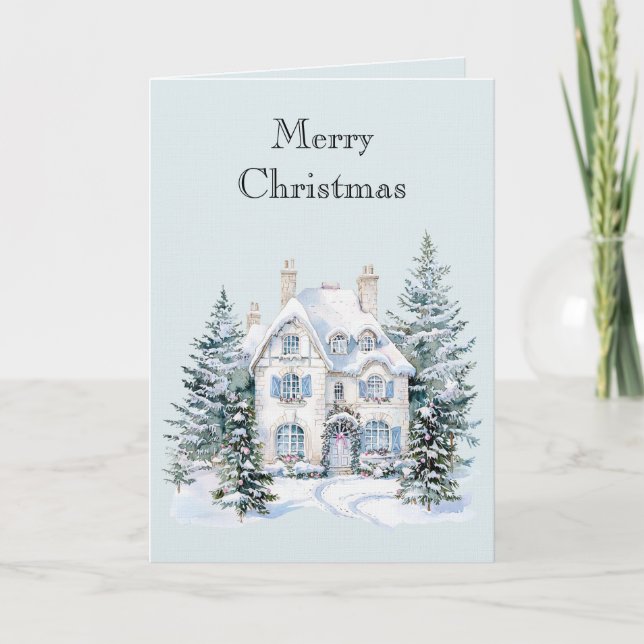 Blue White Christmas Winter House Trees Card (Front)
