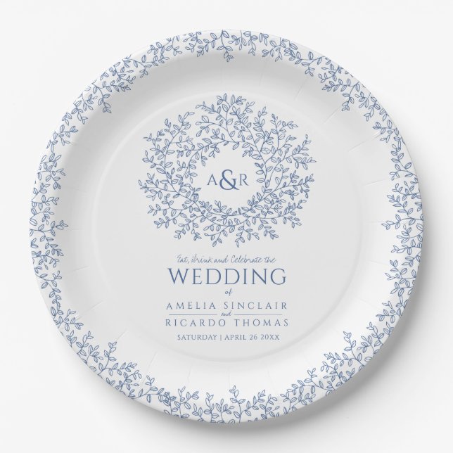 Blue white circle leaf drawing monogram wedding paper plate (Front)