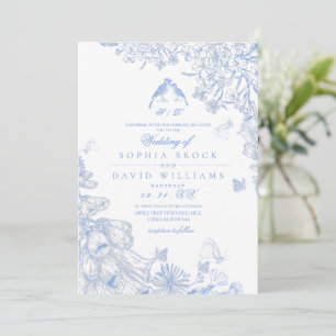 Blue White Classic French Wildflower Wedding Invitation