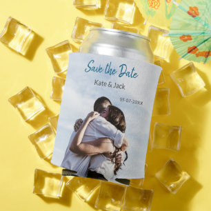 BLUE WHITE CLASSIC SCAN QR SAVE THE DATE CAN COOLER