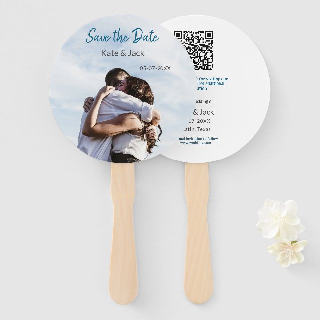BLUE WHITE CLASSIC SCAN QR SAVE THE DATE HAND FAN (Front and Back)