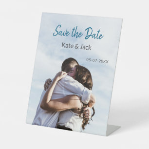 BLUE WHITE CLASSIC SCAN QR SAVE THE DATE PEDESTAL SIGN