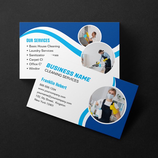 Blue White Cleaning Service Housekeeping Maid Business Card (Creator Uploaded)