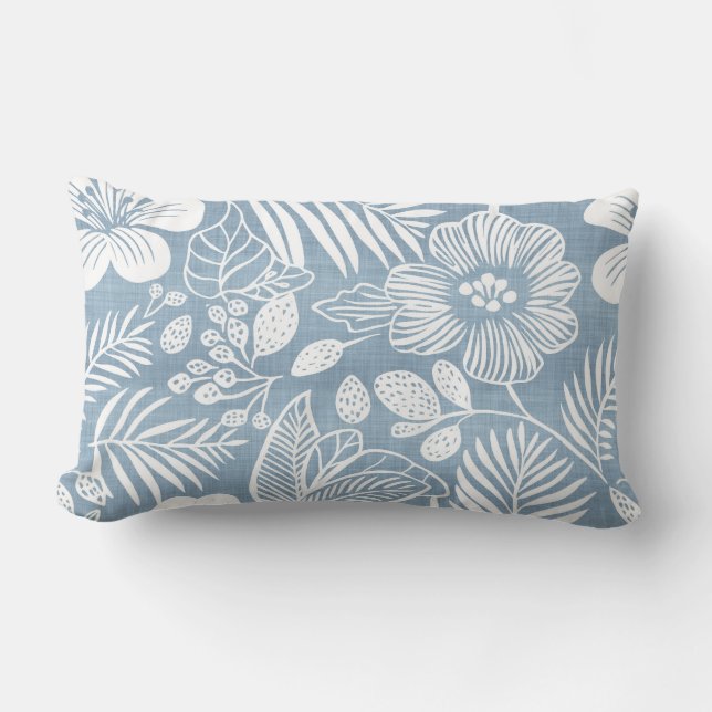 Blue & White Coastal Floral Lumbar Pillow (Front)