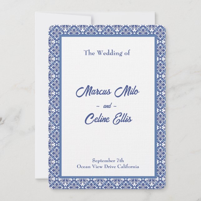 Blue & White Coastal Mediterranean Wedding  Invitation (Front)