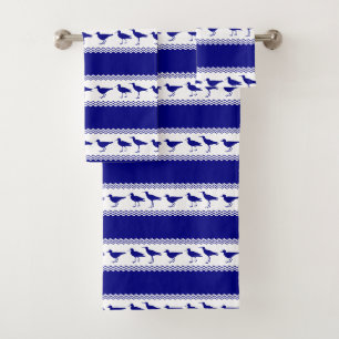 Blue White Coastal Sandpiper Bird Stripes Bath Towel Set