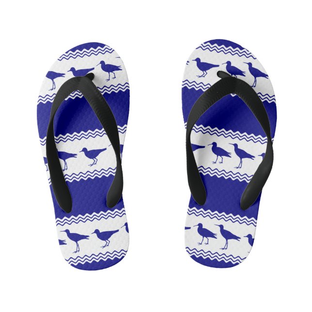 Blue White Coastal Sandpiper Bird Stripes Kid's Flip Flops (Footbed)