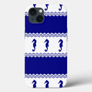 Blue White Coastal Seahorses Stripes iPhone 13 Case