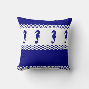 Blue White Coastal Seahorses Stripes Cushion