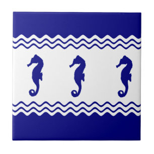 Blue White Coastal Seahorses Stripes Tile