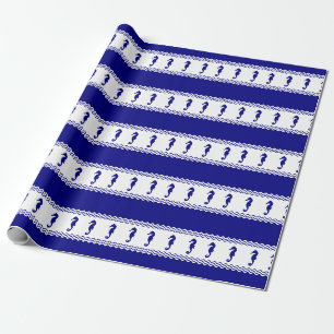 Blue White Coastal Seahorses Stripes Wrapping Paper