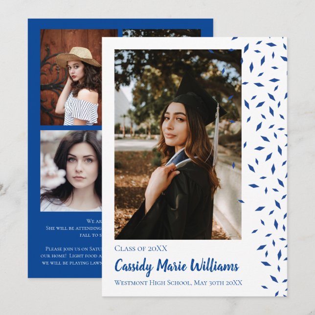 Blue White Confetti Graduation Announcement (Front/Back)