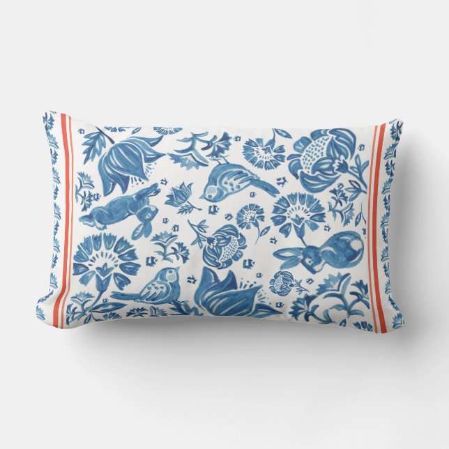 Blue White Coral Rabbit Bird Floral Country French Lumbar Cushion (Front)