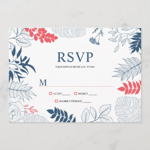 Blue white & coral-red tropical floral frame menu