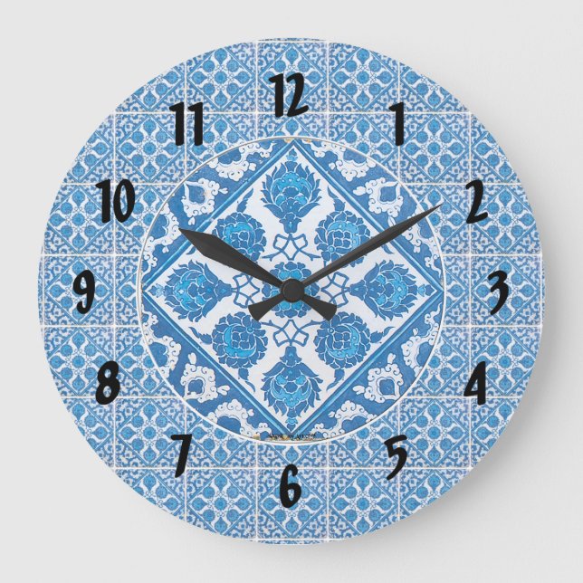 Blue White Cornflower Pattern Black Numbers Clock (Front)