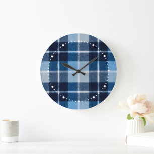 Blue White Cosy Plaid Flannel Large Clock