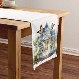 BLUE WHITE COTTAGE WITH YELLOW BUTTERFLIES LONG TABLE RUNNER