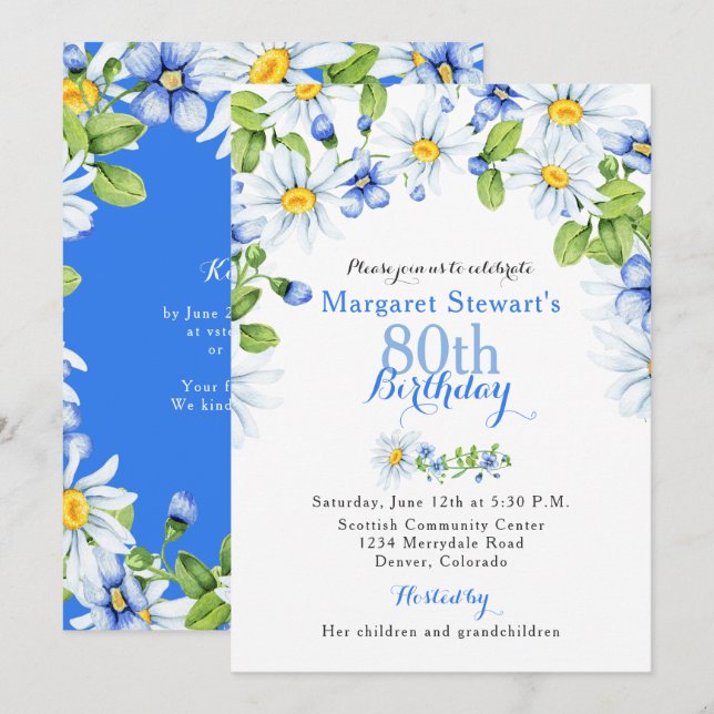 Blue White Country Daisy 80th Birthday Invite (Front/Back)