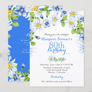 Blue White Country Daisy 80th Birthday Invite