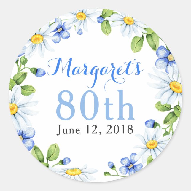 Blue White Country Daisy Floral 80th Birthday Classic Round Sticker (Front)