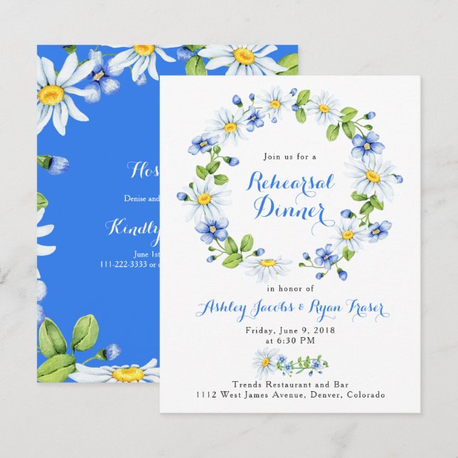 Blue White Country Daisy Floral Rehearsal Dinner Invitation (Front/Back)