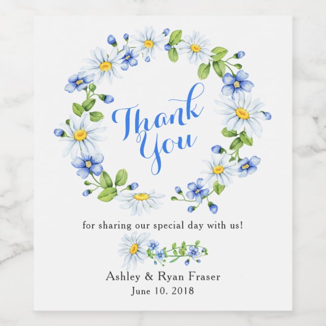 Blue White Country Daisy Floral Wedding Thank You Wine Label (Single Label)