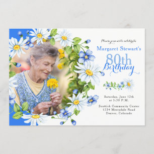 Blue White Country Daisy Photo 80th Birthday Invitation