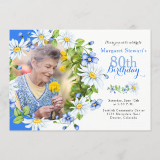 Blue White Country Daisy Photo 80th Birthday Invitation