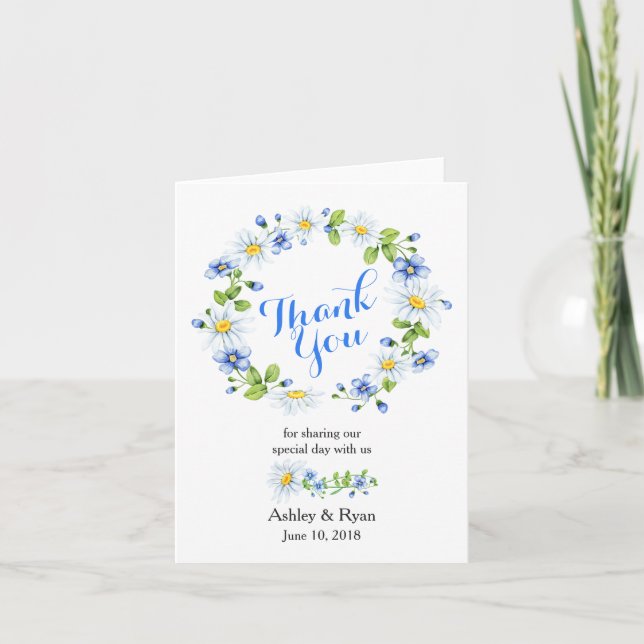 Blue White Country Daisy Photo Wedding Thank You (Front)