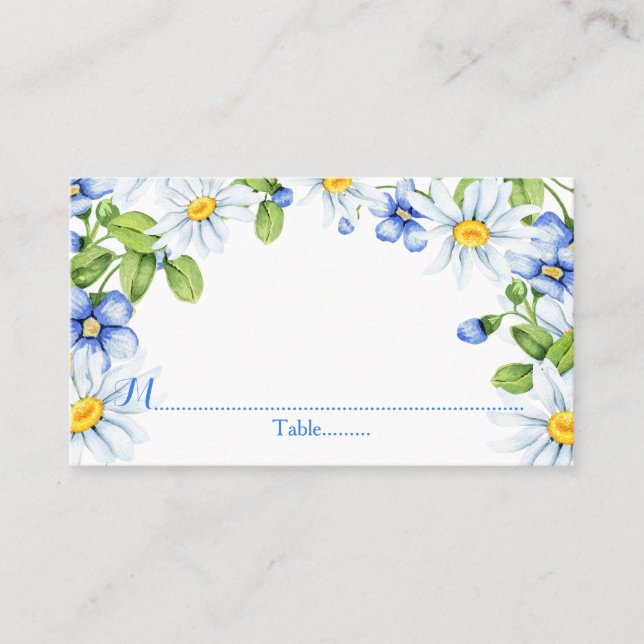 Blue White Country Daisy Wedding Place Cards (Front)