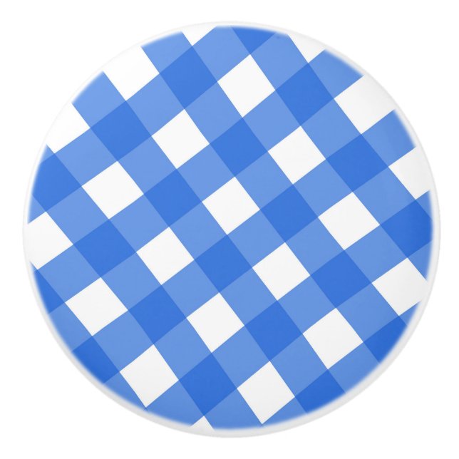 Blue & White Country Gingham Chequered Chequered Ceramic Knob (Front)