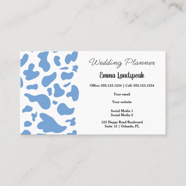 Blue & White Cow Print, QR Code Business Card (Front)