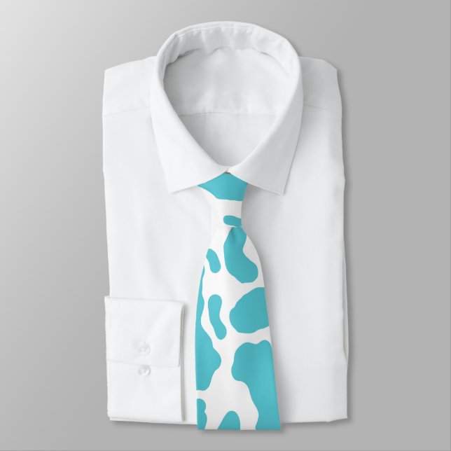 Blue & White Cow Spots Animal Print Pattern Tie (Tied)