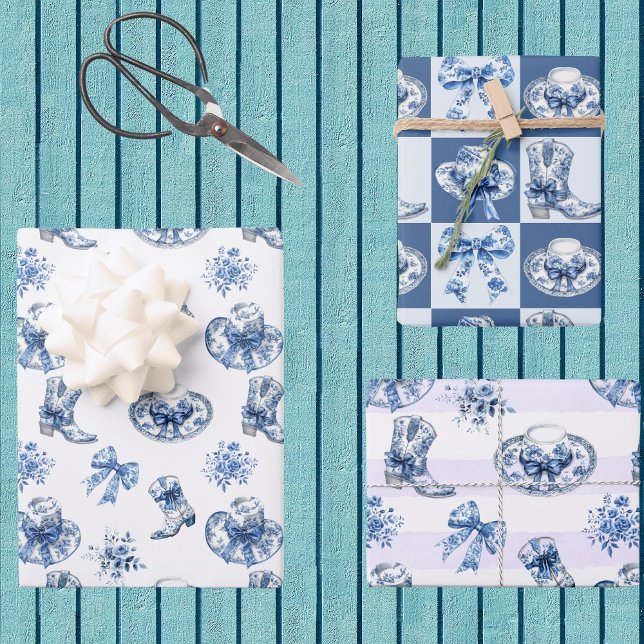Blue White Cowgirl Toile Chinoiserie Farmhouse Wrapping Paper Sheet (Creator Uploaded)
