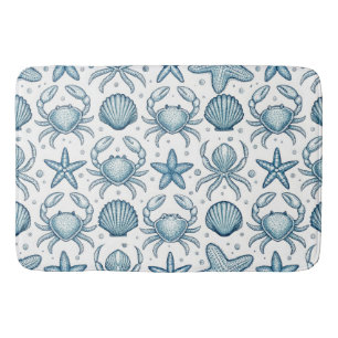 BLUE & WHITE CRABS SEASHELLS AND STARFISH BATH MAT