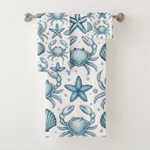 BLUE & WHITE CRABS SEASHELLS AND STARFISH BATH TOWEL SET