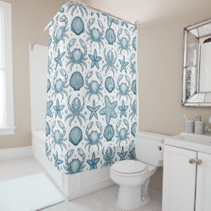 BLUE & WHITE CRABS SEASHELLS AND STARFISH SHOWER CURTAIN
