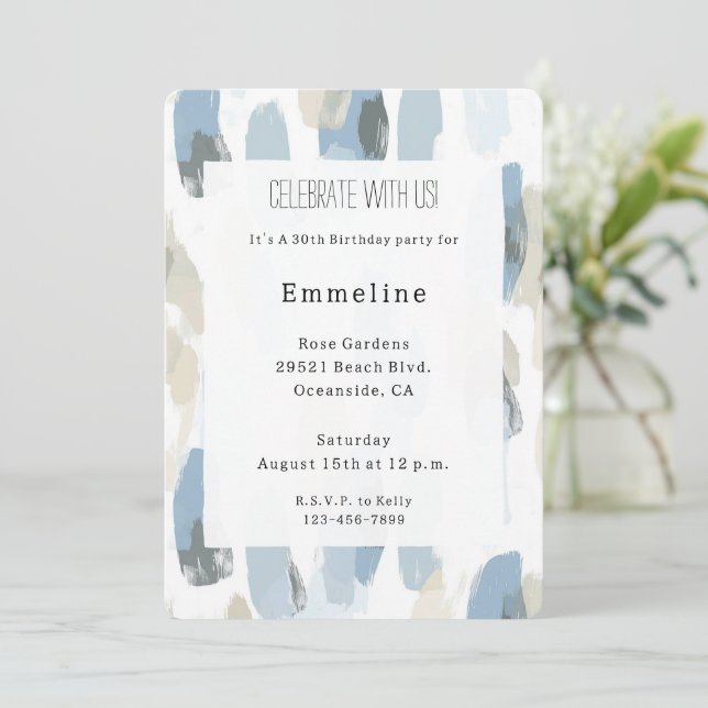Blue White Cream Abstract Birthday Invitation (Standing Front)