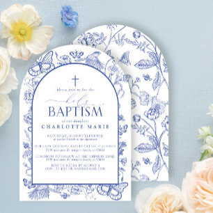 Blue & White Cross Holy Baptism Floral Butterflies Invitation