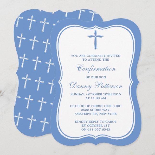 Blue & White Cross Holy Communion Or Confirmation Invitation (Front/Back)