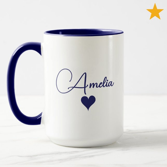 Blue White Custom Name Cursive Typography Heart Mug (Creator Uploaded)