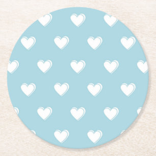 Blue White Cute Simple Heart Pattern Round Paper Coaster