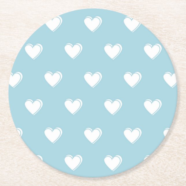 Blue White Cute Simple Heart Pattern Round Paper Coaster (Front)